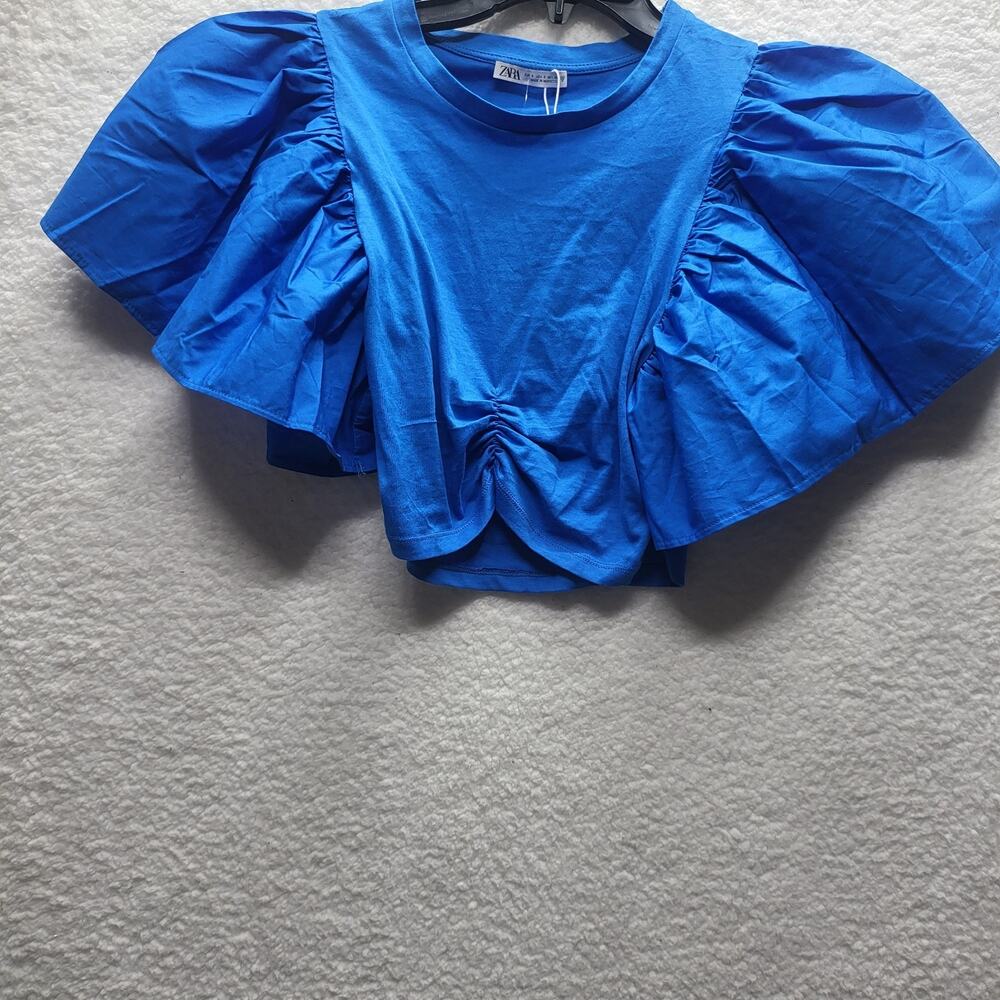 NWT ZARA Women's Blue Puff Sleeve Cropped Top Size Small Ruched Short Sleeve